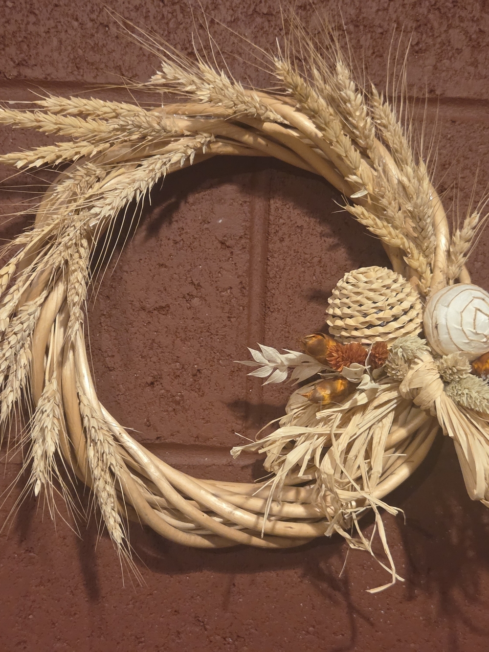 Natural 11" Grapevine Branch Wreath w/Dried Wheat & Raffia Bow Cluster
